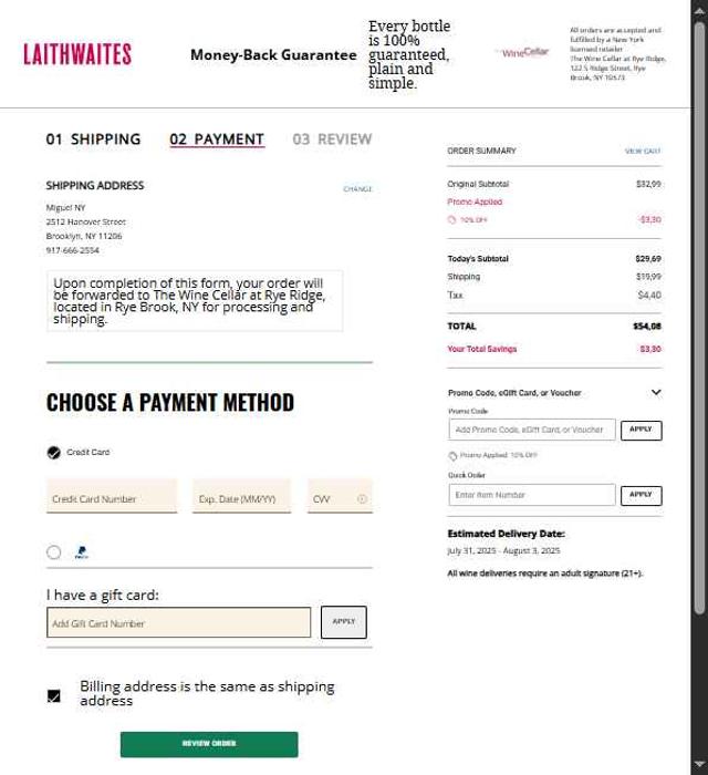 Laithwaites checkout page showing Laithwaites discount code box | Screenshot taken by SimplyCodes community member on Jul 29, 2025