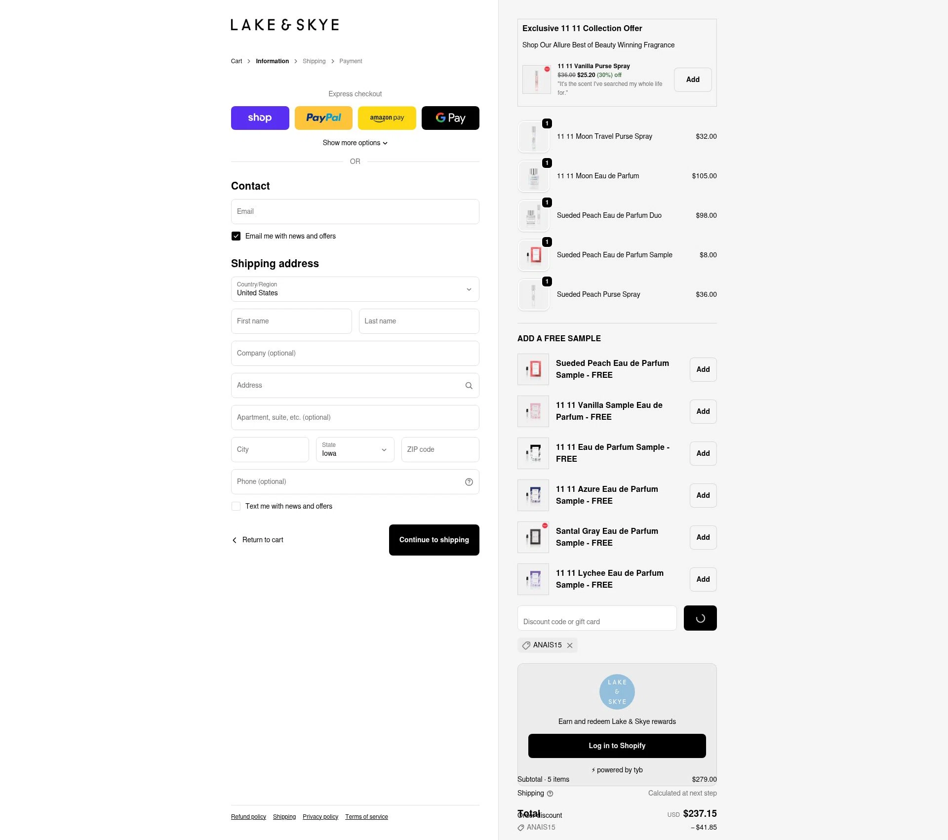 Lake and Skye checkout page showing Lake and Skye discount code box | Screenshot taken by SimplyCodes community member on Feb 25, 2026