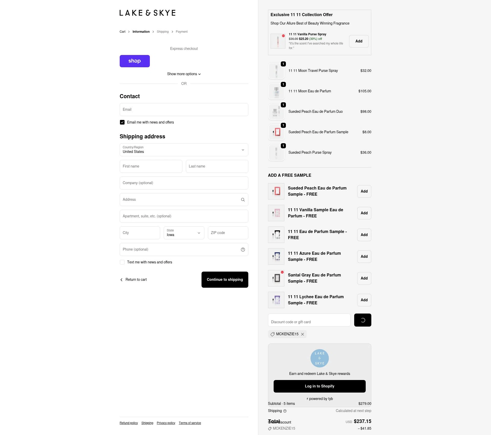 Lake and Skye checkout page showing Lake and Skye discount code box | Screenshot taken by SimplyCodes community member on Feb 25, 2026