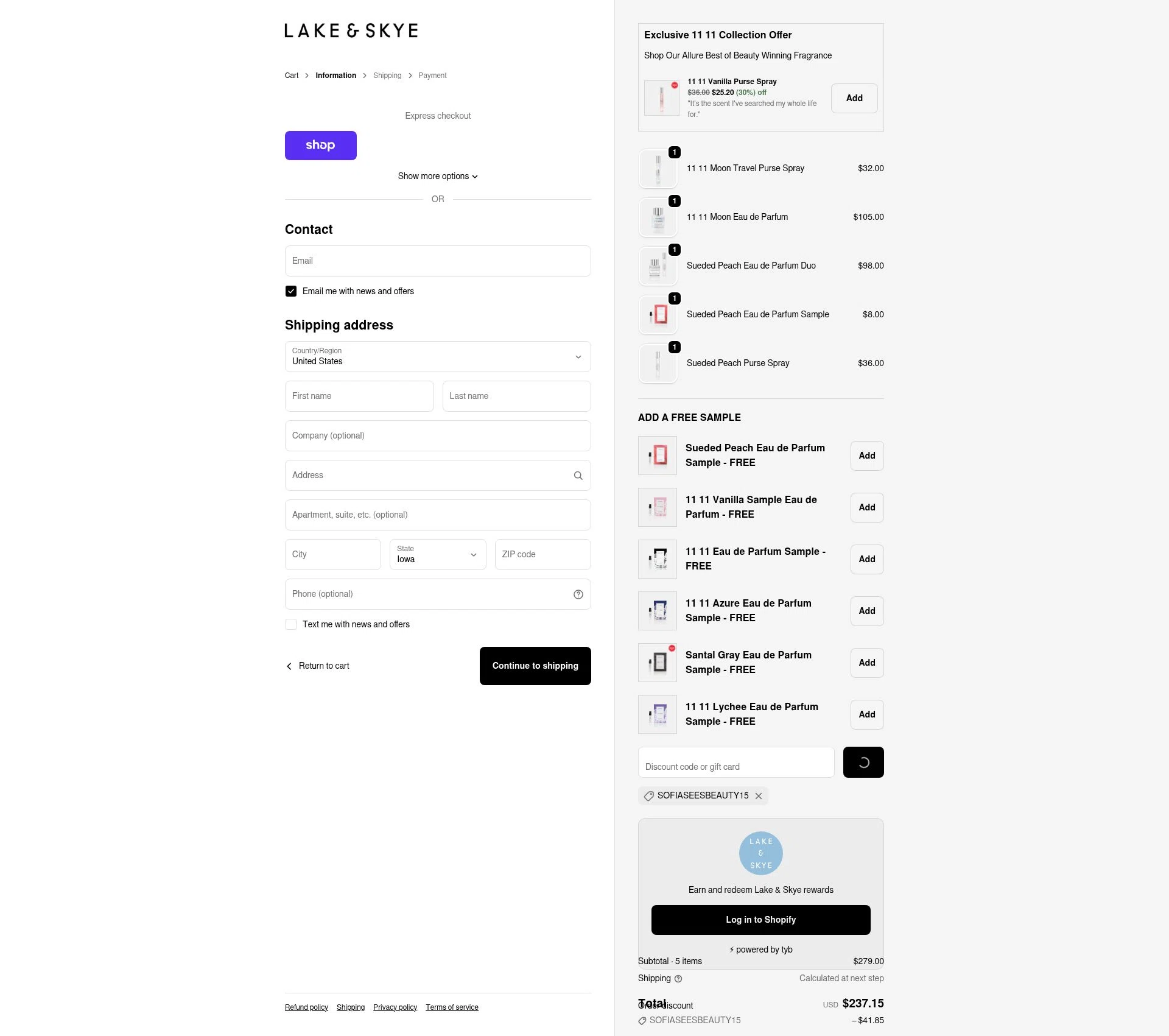 Lake and Skye checkout page showing Lake and Skye discount code box | Screenshot taken by SimplyCodes community member on Feb 25, 2026