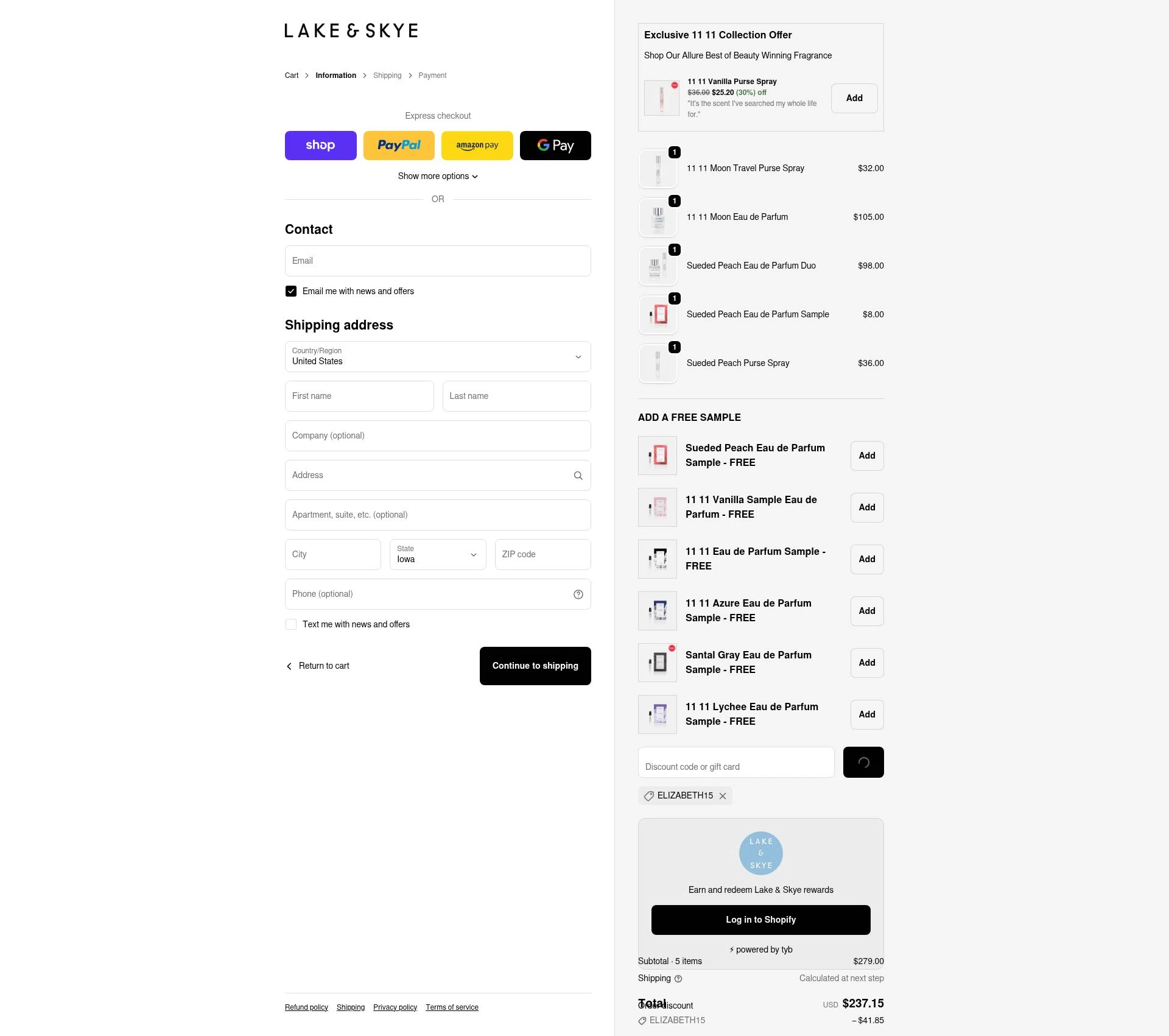 Lake and Skye checkout page showing Lake and Skye discount code box | Screenshot taken by SimplyCodes community member on Feb 25, 2026