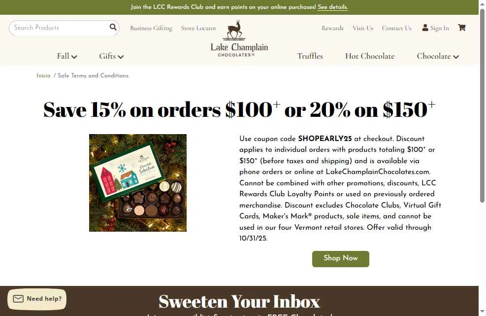 Lake Champlain Chocolates checkout page showing Lake Champlain Chocolates coupon code box | Screenshot taken by SimplyCodes community member on Nov 16, 2025