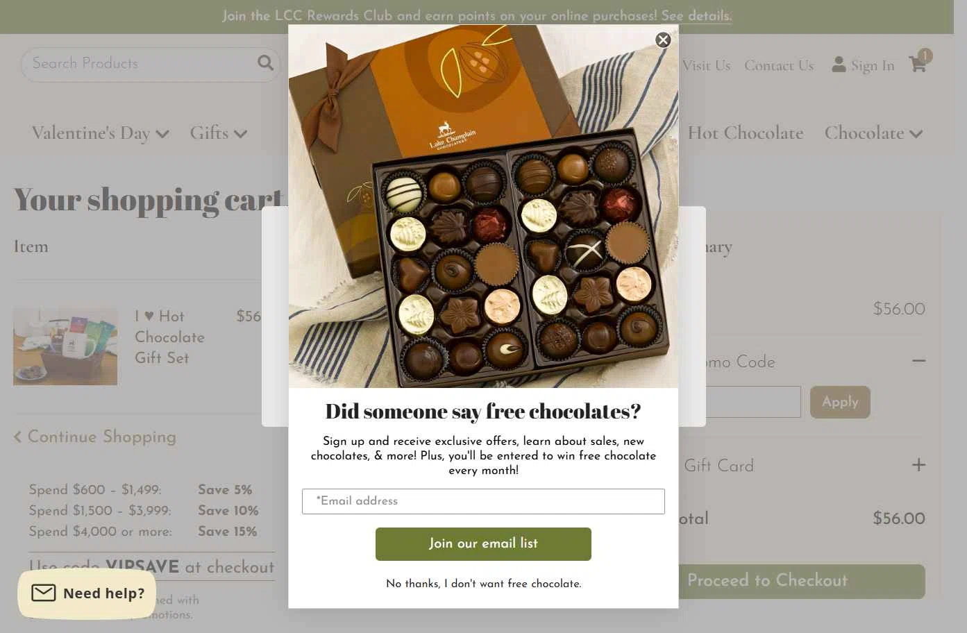 Lake Champlain Chocolates checkout page showing Lake Champlain Chocolates coupon code box | Screenshot taken by SimplyCodes community member on Jan 29, 2026