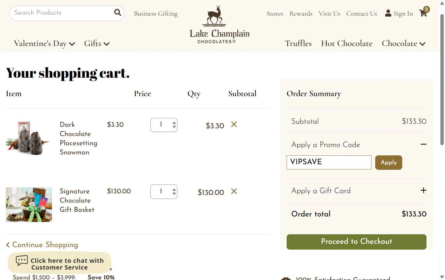 Lake Champlain Chocolates checkout page showing Lake Champlain Chocolates coupon code box | Screenshot taken by SimplyCodes community member on Jan 16, 2026