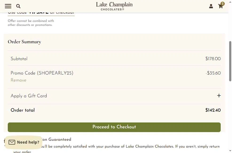 Lake Champlain Chocolates checkout page showing Lake Champlain Chocolates coupon code box | Screenshot taken by SimplyCodes community member on Oct 17, 2025