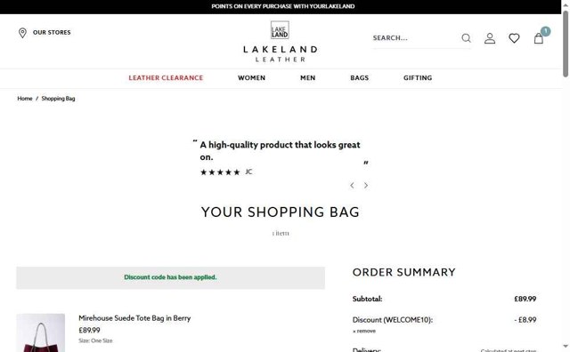 Lakeland Leather checkout page showing Lakeland Leather discount code box | Screenshot taken by SimplyCodes community member on Aug 26, 2025