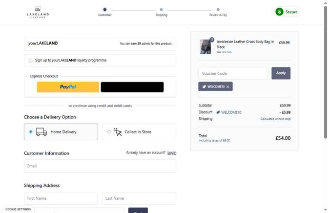 Lakeland Leather checkout page showing Lakeland Leather discount code box | Screenshot taken by SimplyCodes community member on Jul 10, 2025