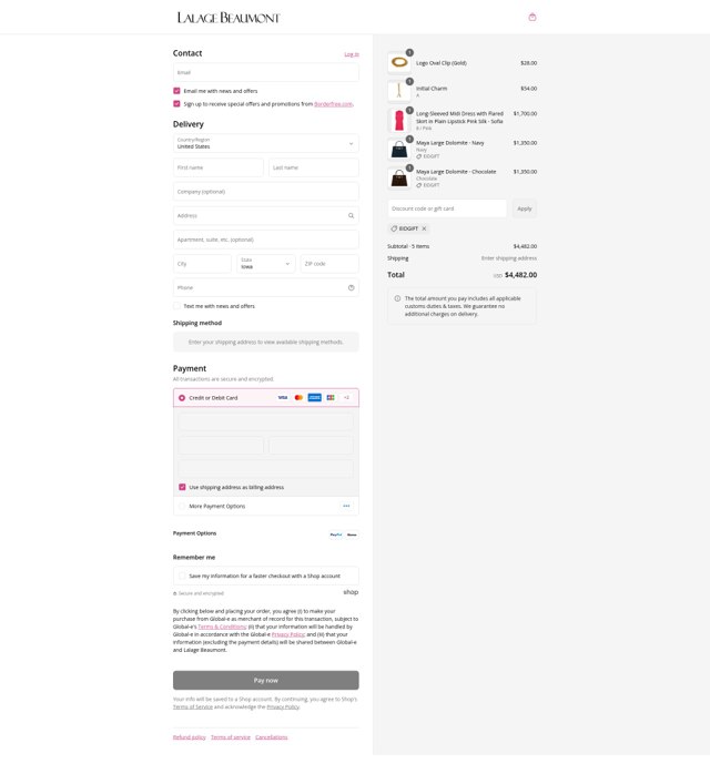 Lalage Beaumont checkout page showing Lalage Beaumont discount code box | Screenshot taken by SimplyCodes community member on Sep 4, 2025