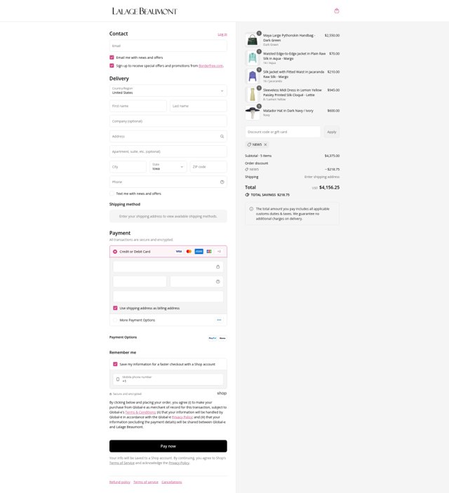 Lalage Beaumont checkout page showing Lalage Beaumont discount code box | Screenshot taken by SimplyCodes community member on Aug 17, 2025