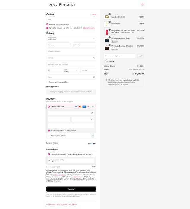 Lalage Beaumont checkout page showing Lalage Beaumont discount code box | Screenshot taken by SimplyCodes community member on Aug 27, 2025