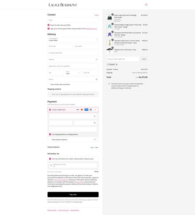 Lalage Beaumont checkout page showing Lalage Beaumont discount code box | Screenshot taken by SimplyCodes community member on Aug 17, 2025