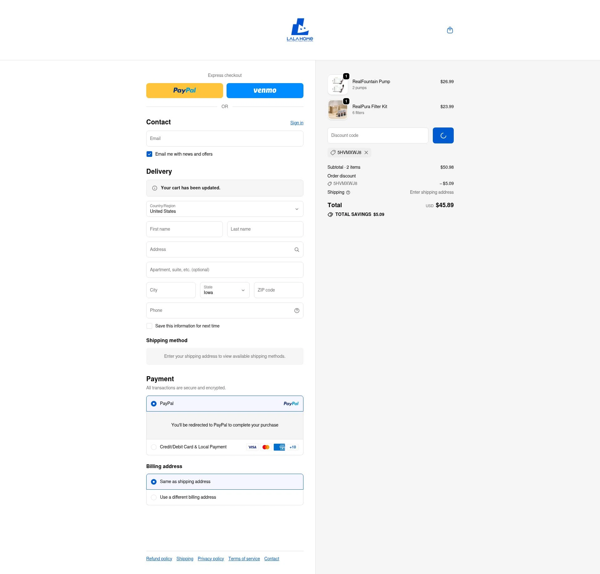 LALA HOME checkout page showing LALA HOME promo code box | Screenshot taken by SimplyCodes community member on Feb 5, 2026