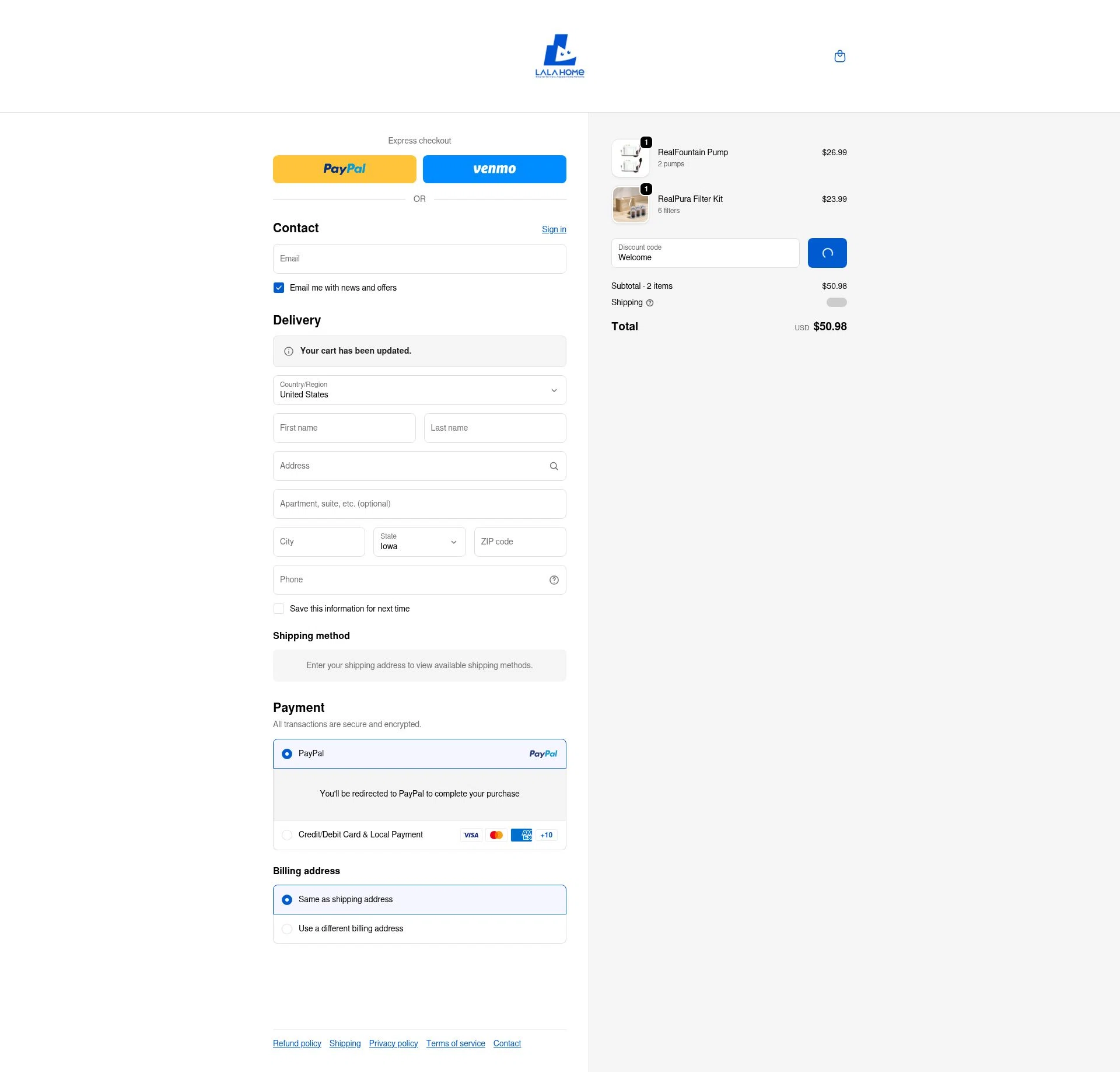 LALA HOME checkout page showing LALA HOME promo code box | Screenshot taken by SimplyCodes community member on Feb 5, 2026