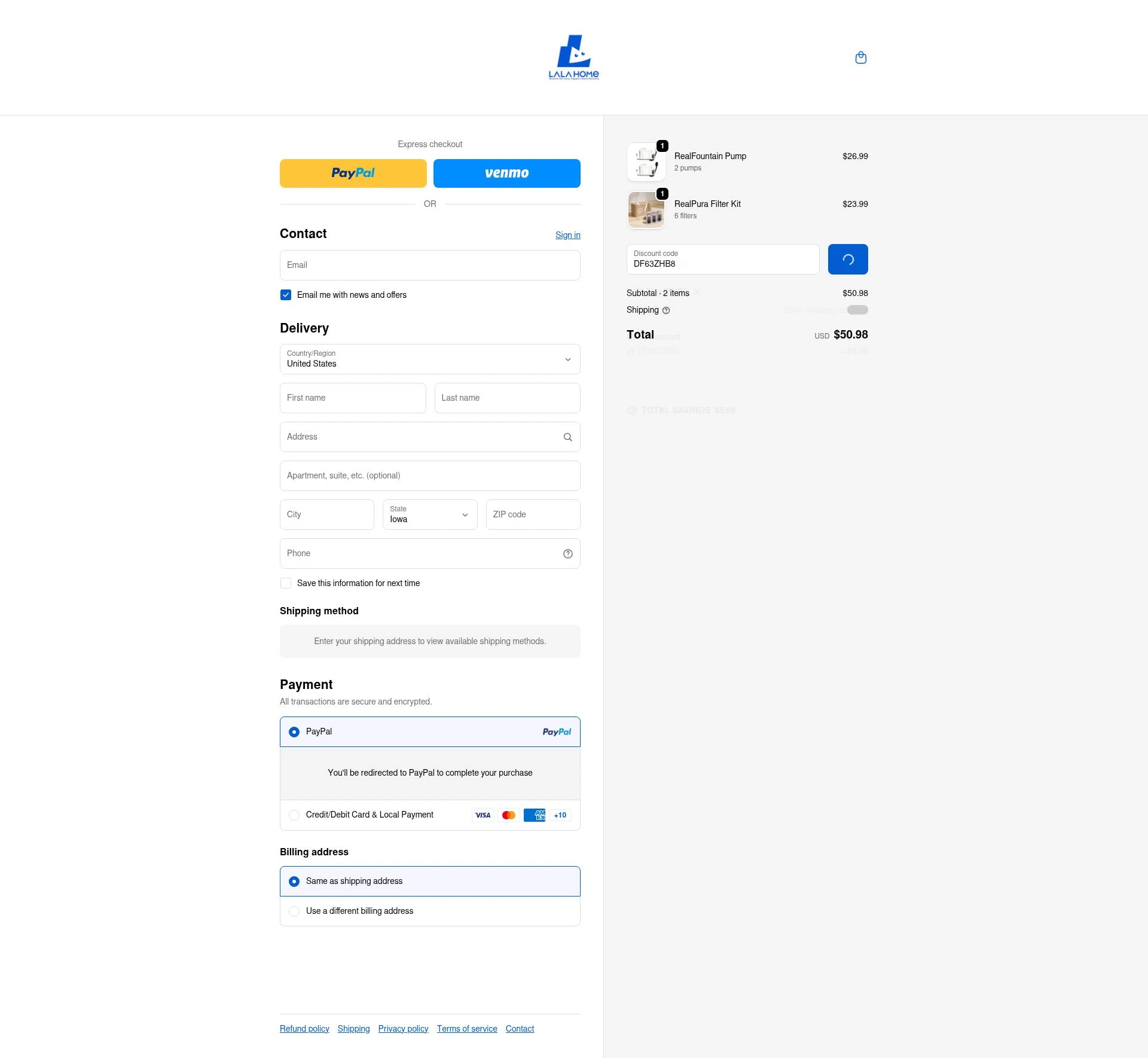 LALA HOME checkout page showing LALA HOME promo code box | Screenshot taken by SimplyCodes community member on Feb 5, 2026