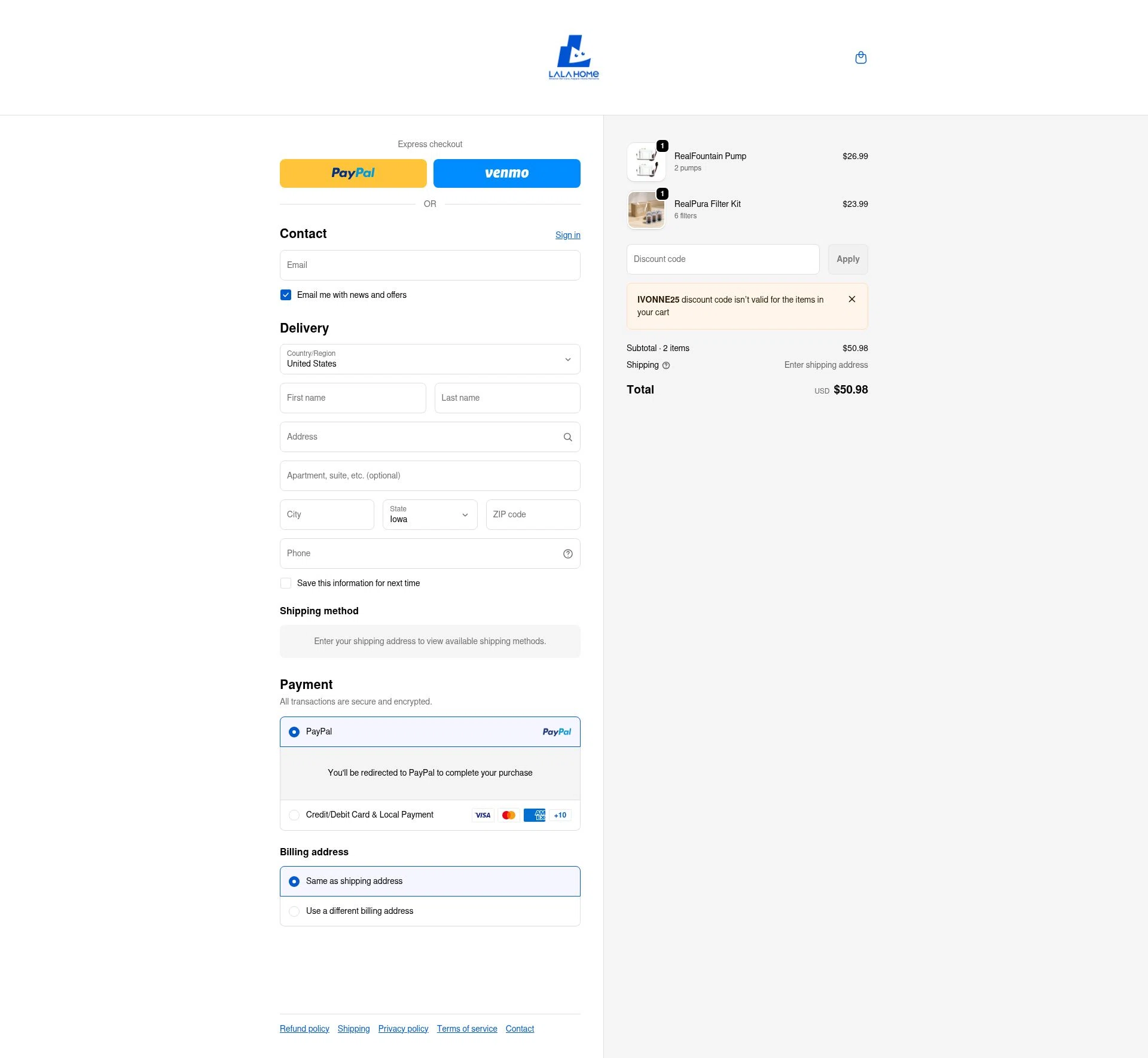 LALA HOME checkout page showing LALA HOME promo code box | Screenshot taken by SimplyCodes community member on Feb 5, 2026