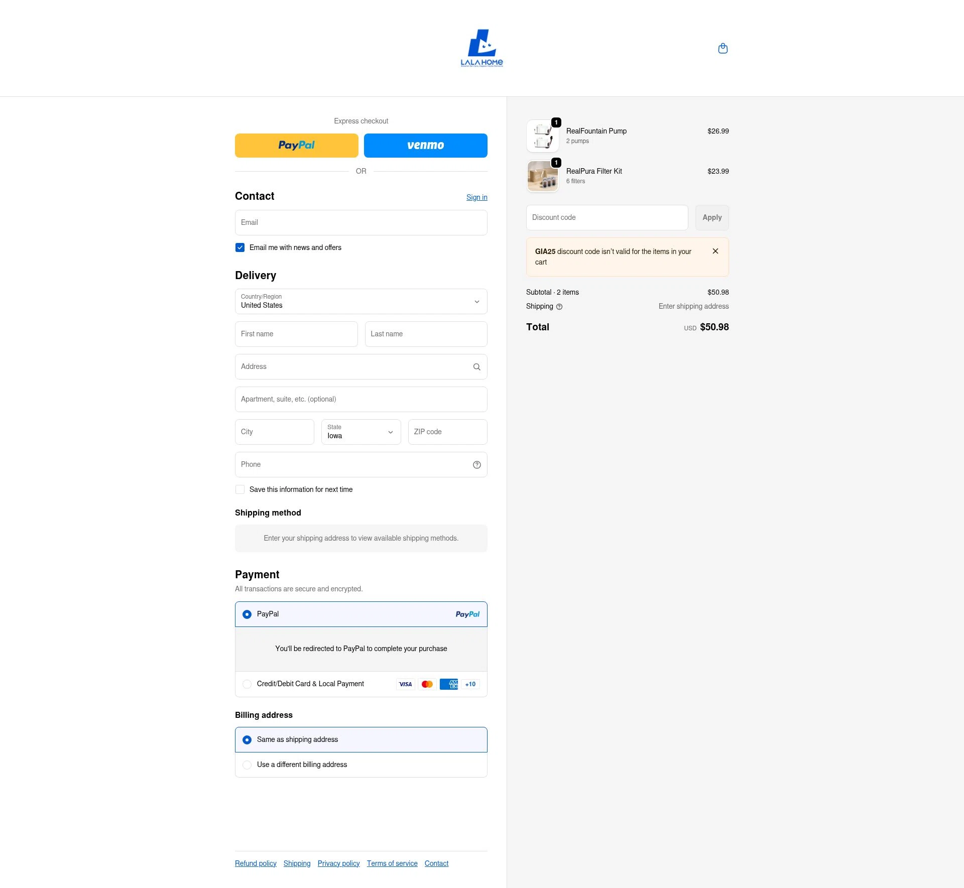 LALA HOME checkout page showing LALA HOME promo code box | Screenshot taken by SimplyCodes community member on Feb 5, 2026