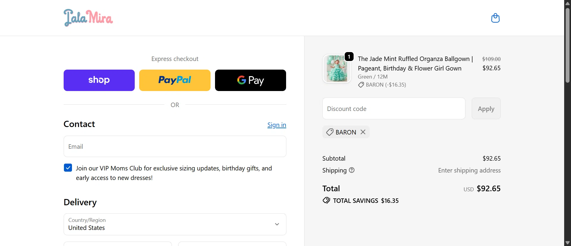 LaLaMira promo code screenshot showing code BARON applied at LaLaMira checkout page. Uploaded by SimplyCodes community member VoucherCurator4541 on Jun 18, 2026