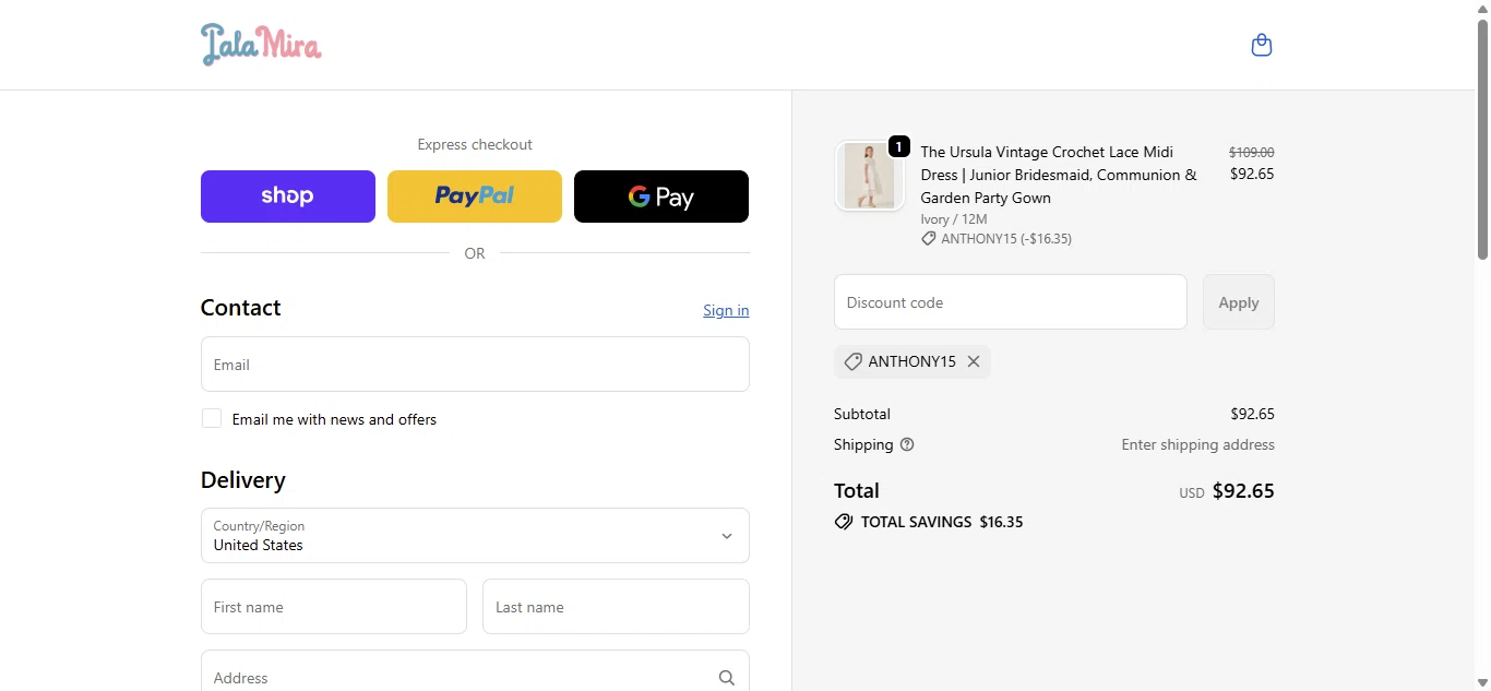 LaLaMira promo code screenshot showing code ANTHONY15 applied at LaLaMira checkout page. Uploaded by SimplyCodes community member ScanCaptain on Jun 9, 2026