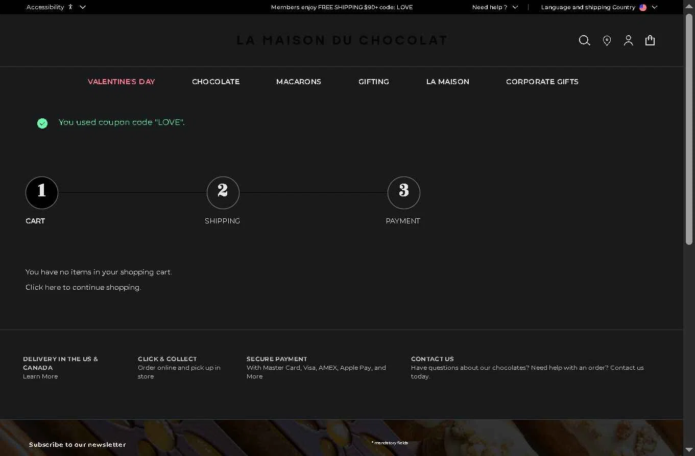 La Maison du Chocolat checkout page showing La Maison du Chocolat promo code box | Screenshot taken by SimplyCodes community member on Feb 10, 2026