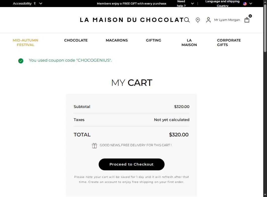 La Maison du Chocolat checkout page showing La Maison du Chocolat promo code box | Screenshot taken by SimplyCodes community member on Sep 30, 2025