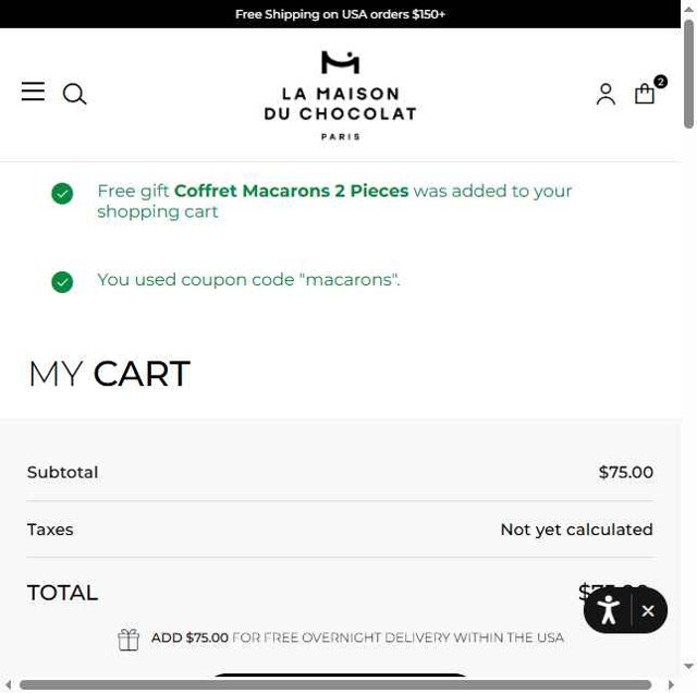 La Maison du Chocolat checkout page showing La Maison du Chocolat promo code box | Screenshot taken by SimplyCodes community member on Jul 23, 2025