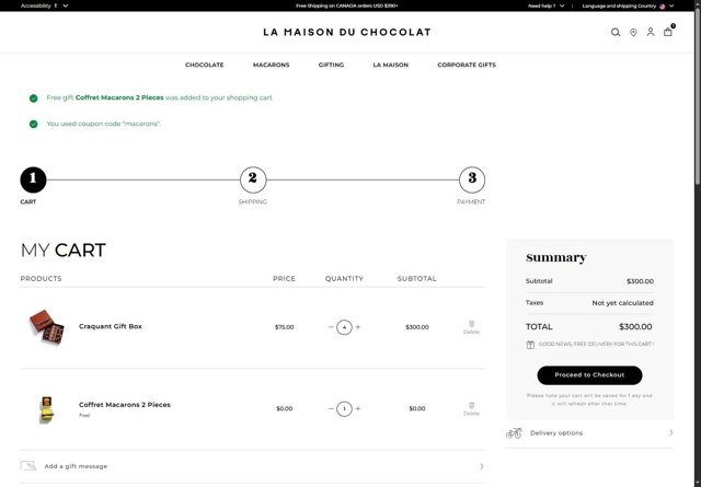 La Maison du Chocolat checkout page showing La Maison du Chocolat promo code box | Screenshot taken by SimplyCodes community member on Jul 23, 2025