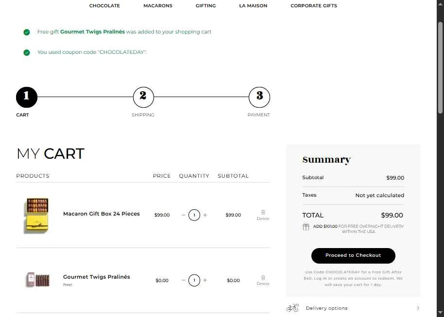 La Maison du Chocolat checkout page showing La Maison du Chocolat promo code box | Screenshot taken by SimplyCodes community member on Oct 24, 2025