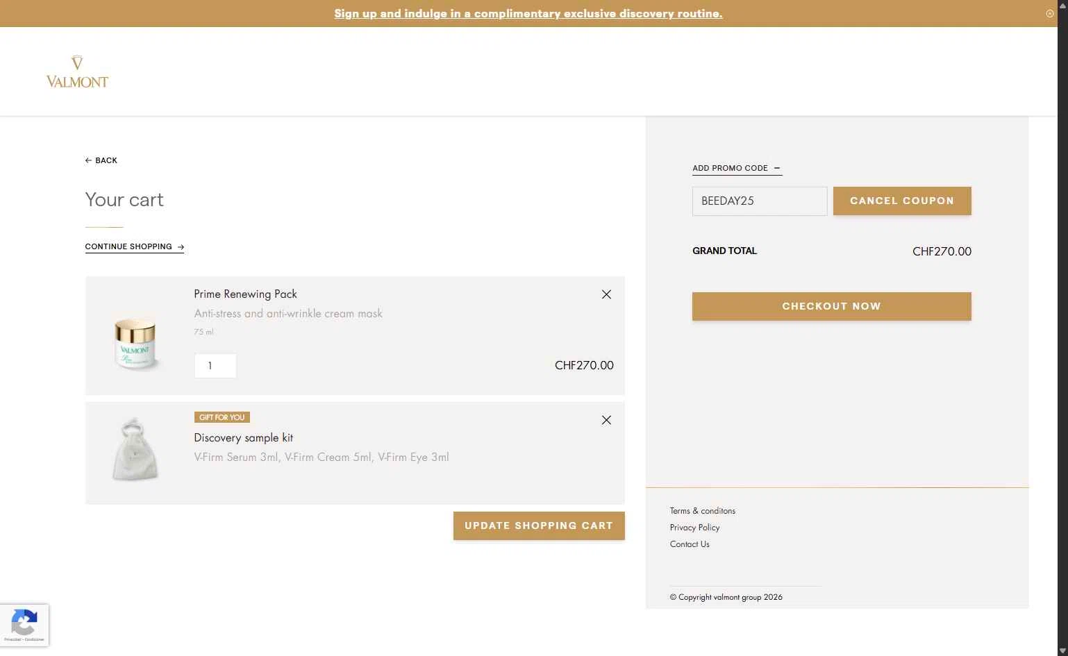 La Maison Valmont EU checkout page showing La Maison Valmont EU promo code box | Screenshot taken by SimplyCodes community member on Feb 23, 2026