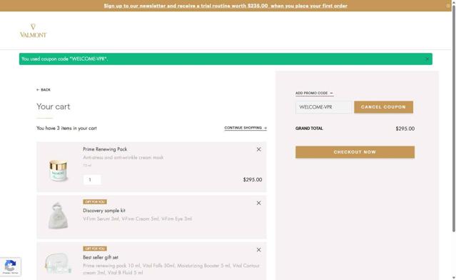 La Maison Valmont EU checkout page showing La Maison Valmont EU promo code box | Screenshot taken by SimplyCodes community member on Sep 25, 2025