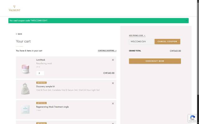 La Maison Valmont EU checkout page showing La Maison Valmont EU promo code box | Screenshot taken by SimplyCodes community member on Sep 2, 2025