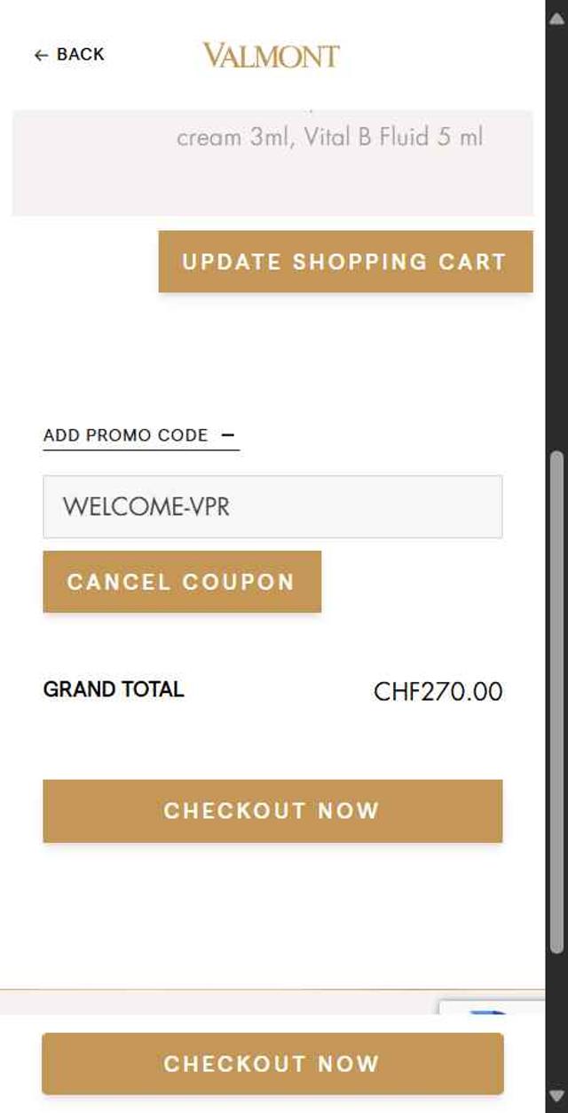 La Maison Valmont EU checkout page showing La Maison Valmont EU promo code box | Screenshot taken by SimplyCodes community member on Jul 29, 2025