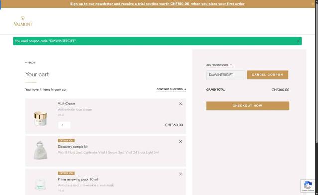 La Maison Valmont EU checkout page showing La Maison Valmont EU promo code box | Screenshot taken by SimplyCodes community member on Sep 5, 2025