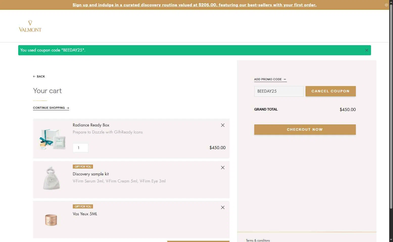 La Maison Valmont EU checkout page showing La Maison Valmont EU promo code box | Screenshot taken by SimplyCodes community member on Nov 28, 2025