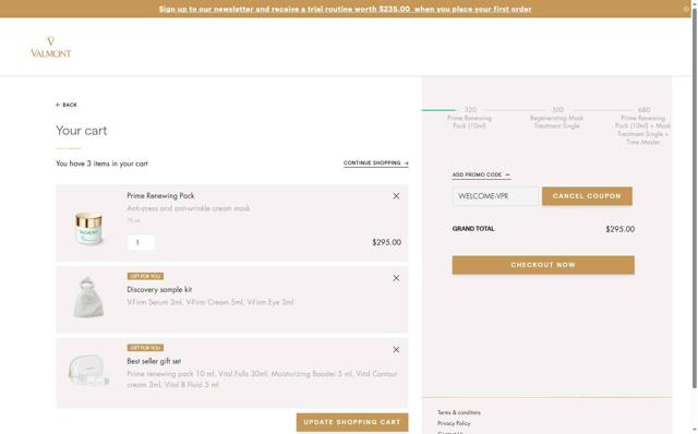 La Maison Valmont EU checkout page showing La Maison Valmont EU promo code box | Screenshot taken by SimplyCodes community member on Sep 25, 2025