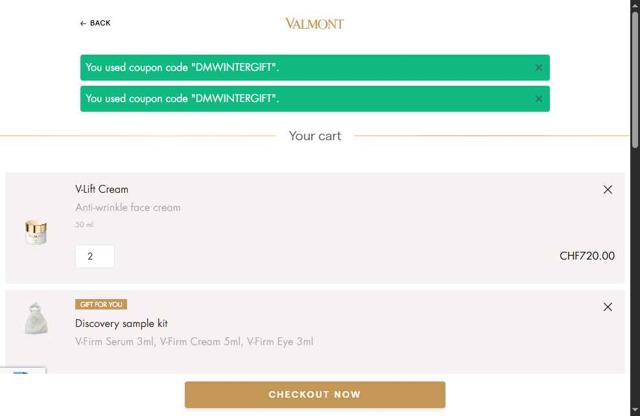 La Maison Valmont EU checkout page showing La Maison Valmont EU promo code box | Screenshot taken by SimplyCodes community member on Oct 4, 2025