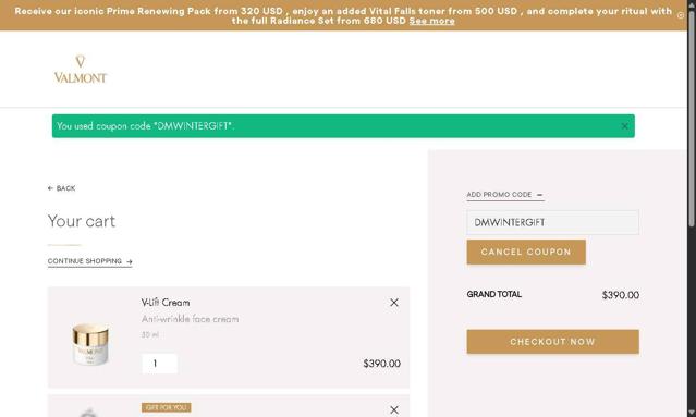 La Maison Valmont EU checkout page showing La Maison Valmont EU promo code box | Screenshot taken by SimplyCodes community member on Jul 9, 2025