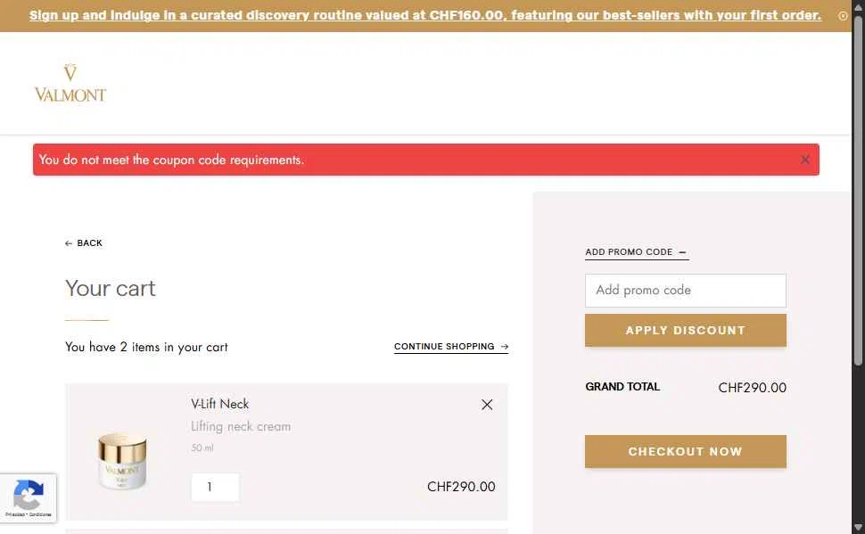 La Maison Valmont EU checkout page showing La Maison Valmont EU promo code box | Screenshot taken by SimplyCodes community member on Nov 16, 2025