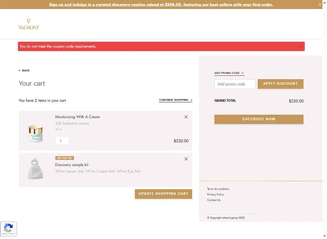 La Maison Valmont EU checkout page showing La Maison Valmont EU promo code box | Screenshot taken by SimplyCodes community member on Dec 15, 2025