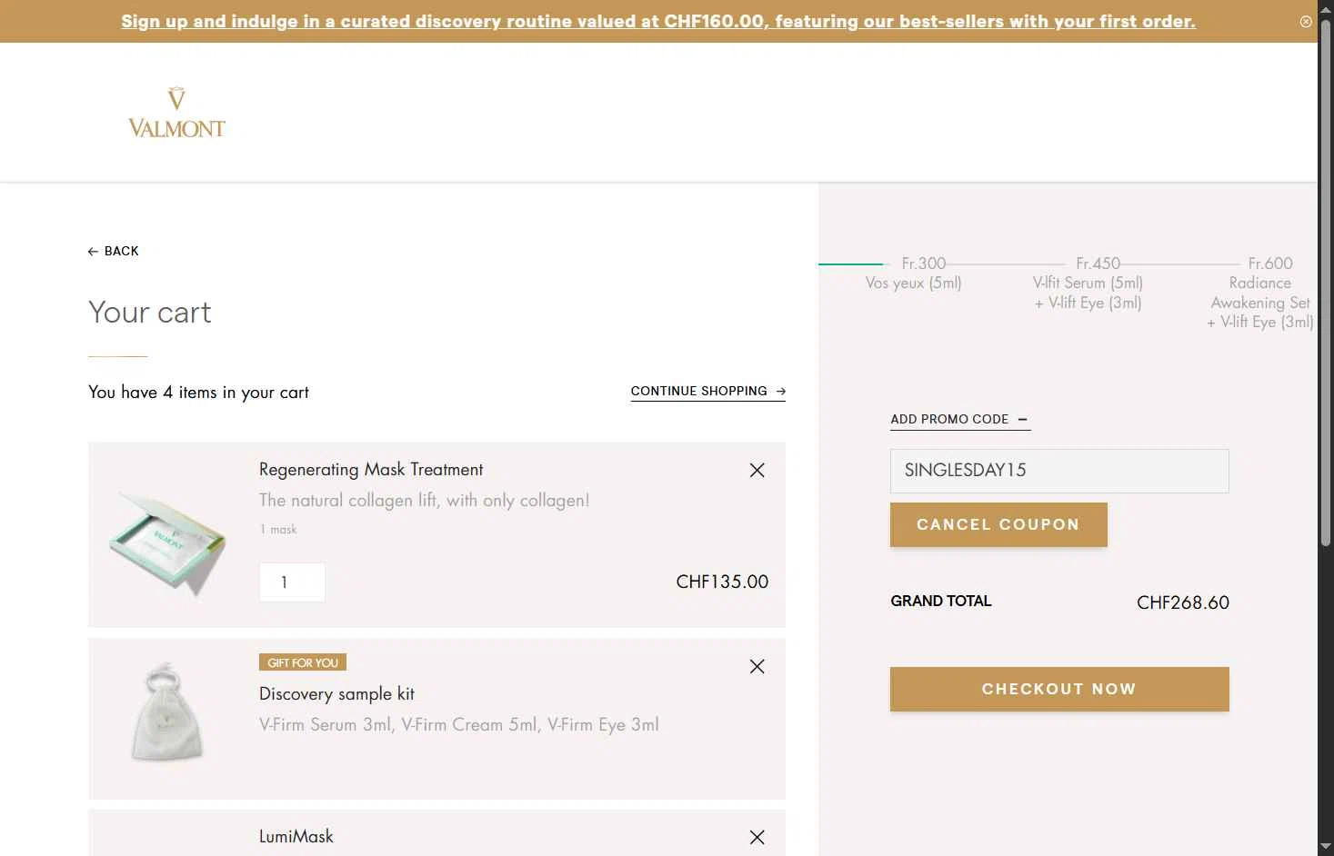 La Maison Valmont EU checkout page showing La Maison Valmont EU promo code box | Screenshot taken by SimplyCodes community member on Nov 11, 2025