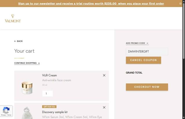 La Maison Valmont EU checkout page showing La Maison Valmont EU promo code box | Screenshot taken by SimplyCodes community member on Oct 4, 2025