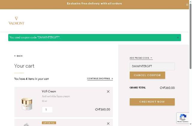 La Maison Valmont EU checkout page showing La Maison Valmont EU promo code box | Screenshot taken by SimplyCodes community member on Aug 7, 2025