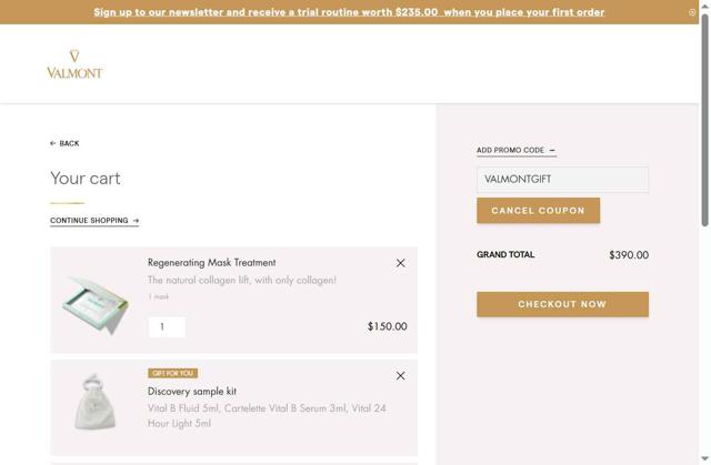 La Maison Valmont EU checkout page showing La Maison Valmont EU promo code box | Screenshot taken by SimplyCodes community member on Sep 19, 2025