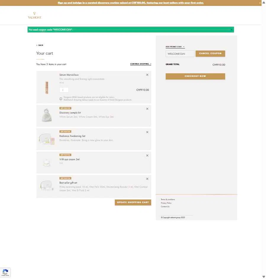 La Maison Valmont EU checkout page showing La Maison Valmont EU promo code box | Screenshot taken by SimplyCodes community member on Nov 28, 2025