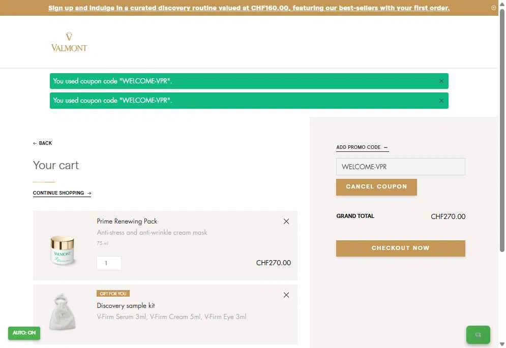 La Maison Valmont EU checkout page showing La Maison Valmont EU promo code box | Screenshot taken by SimplyCodes community member on Oct 24, 2025