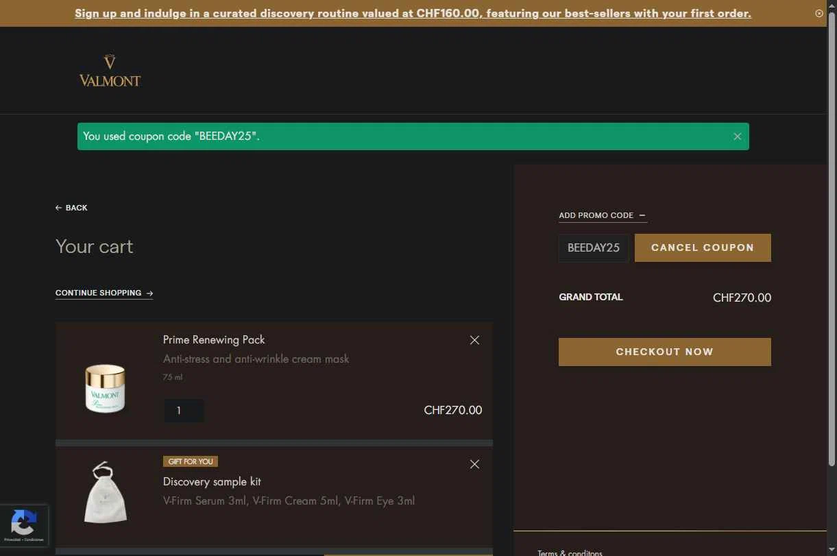 La Maison Valmont EU checkout page showing La Maison Valmont EU promo code box | Screenshot taken by SimplyCodes community member on Jan 25, 2026