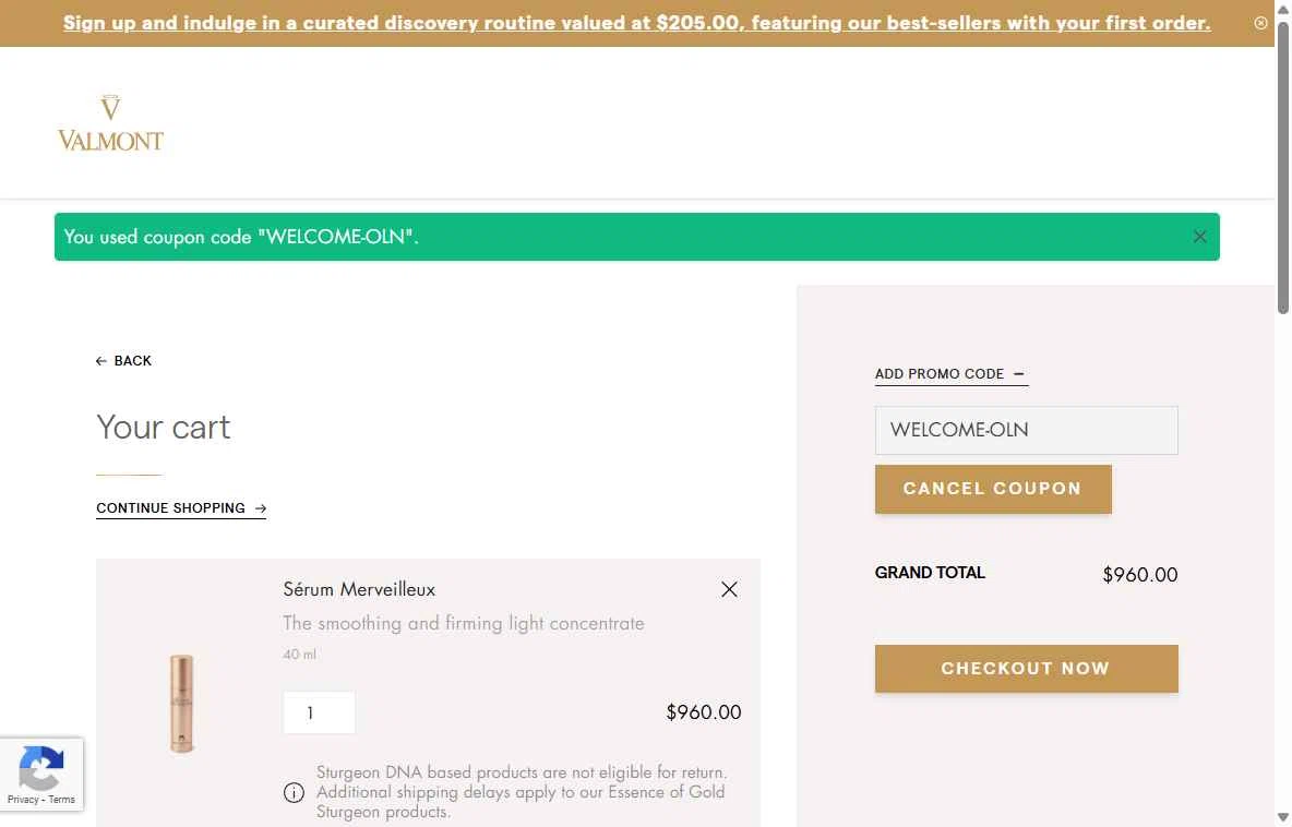 La Maison Valmont EU checkout page showing La Maison Valmont EU promo code box | Screenshot taken by SimplyCodes community member on Oct 30, 2025