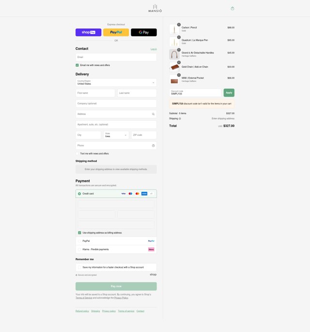 La Mansio checkout page showing La Mansio discount code box | Screenshot taken by SimplyCodes community member on Aug 20, 2025