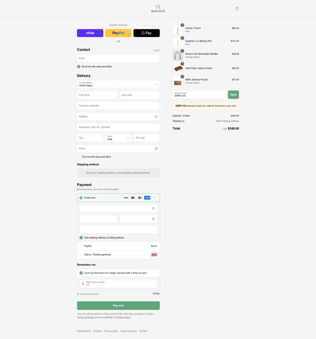 La Mansio checkout page showing La Mansio discount code box | Screenshot taken by SimplyCodes community member on Aug 29, 2025