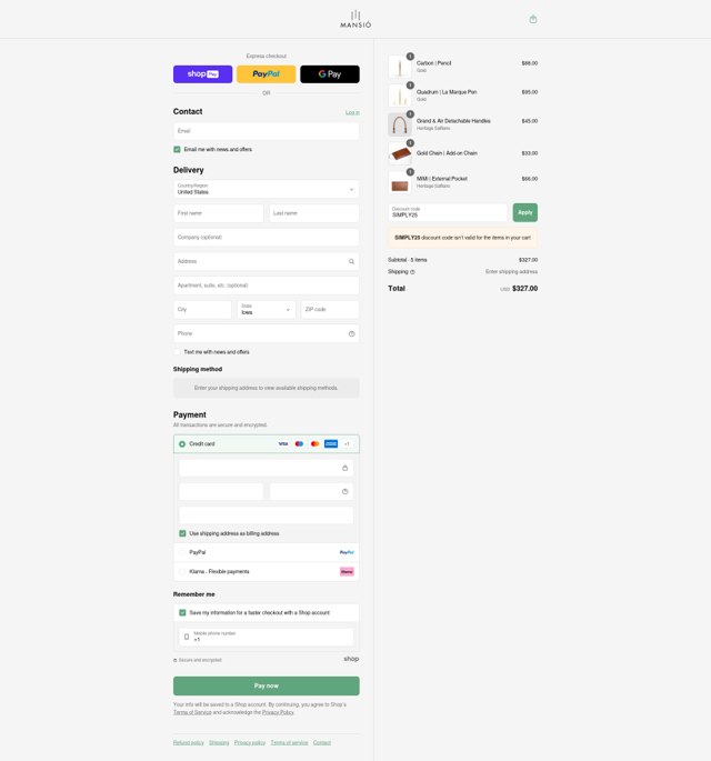 La Mansio checkout page showing La Mansio discount code box | Screenshot taken by SimplyCodes community member on Aug 24, 2025