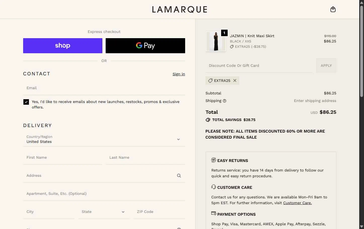 Lamarque checkout page showing Lamarque promo code box | Screenshot taken by SimplyCodes community member on Nov 22, 2025